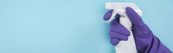 Tiro panorâmico de mulher em luva de borracha roxa segurando frasco de spray branco com detergente no fundo azul — Fotografia de Stock