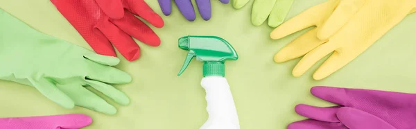 Панорамный снимок разноцветных резиновых перчаток по кругу вокруг баллона с моющим средством на зеленом фоне — стоковое фото