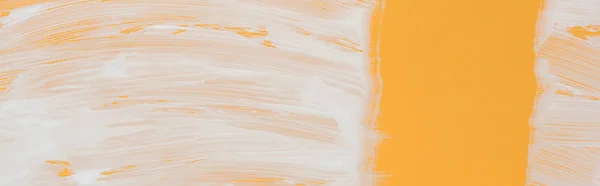 Panoramic shot of glass covered with white foam on orange background with copy space — Stock Photo