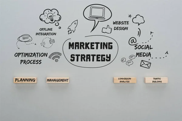 Top view om marketing strategy inscription near illustration of multimedia icons and wooden blocks with planning, management, traffic building, conversion analysis words on grey background, business concept — Stock Photo