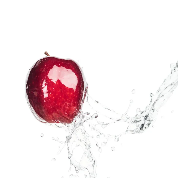 Manzana roja entera húmeda madura y salpicadura de agua clara aislada en blanco - foto de stock