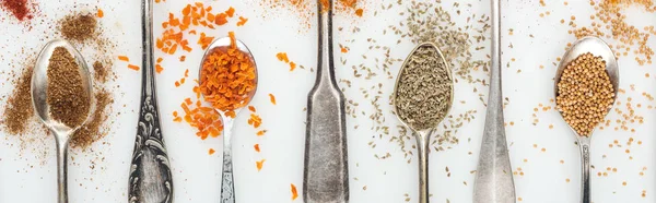 Panoramic shot of various colorful spices in silver spoons on white background — Stock Photo