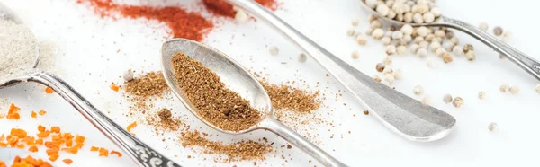 Panoramic shot of various scattered spices in silver spoons on white background — Stock Photo