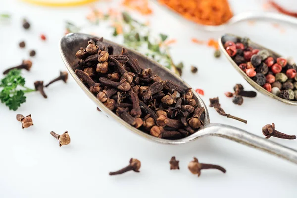 Close up view of dry carnation and pepper in silver spoon on white background — Stock Photo