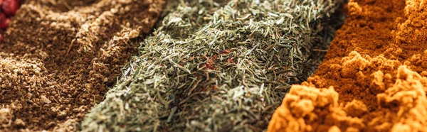 Close up view of various traditional indian spices, panoramic shot — Stock Photo