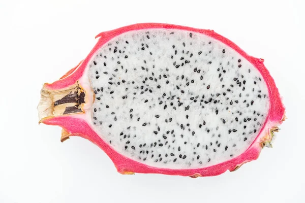 Top view of exotic ripe dragon fruit half isolated on white — Stock Photo