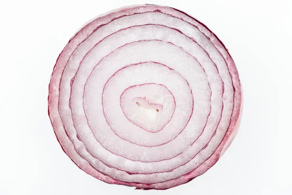 Close up view of juicy organic fresh textured onion slice isolated on white — Stock Photo