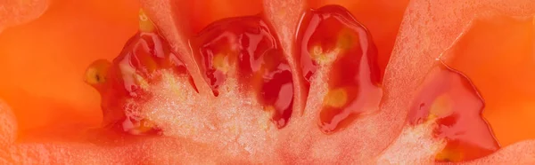 Close up view of red fresh tomato half with seeds, panoramic shot — Stock Photo