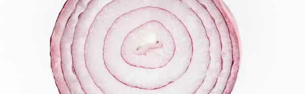 Vue rapprochée d'une tranche d'oignon frais et juteux biologique texturé isolé sur blanc, panoramique — Photo de stock