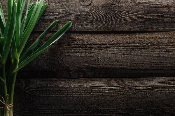 Top view of green leek on wooden rustic table — Stock Photo