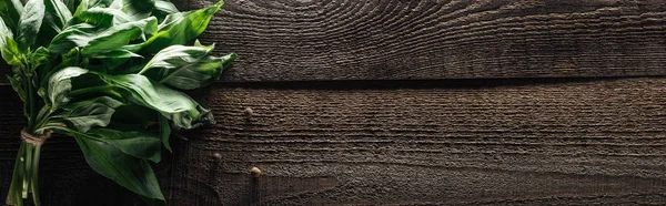 Tiro panorâmico de manjericão verde e pimenta preta na mesa rústica de madeira — Fotografia de Stock