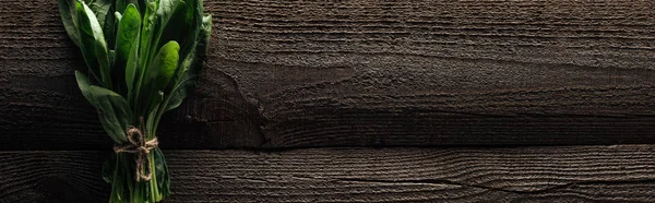 Vue de dessus des feuilles d'épinards verts sur la table rustique en bois, vue panoramique — Photo de stock