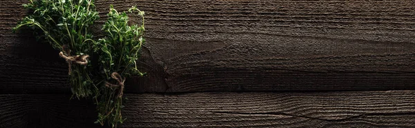 Vista superior del tomillo verde en la mesa de madera con espacio para copiar, plano panorámico - foto de stock