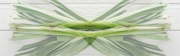 Double exposition de poireau vert frais sur table en bois blanc, vue panoramique — Photo de stock