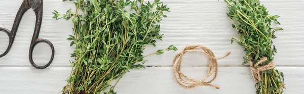Panoramic shot of green thyme, retro scissors and thread on white wooden table — Stock Photo