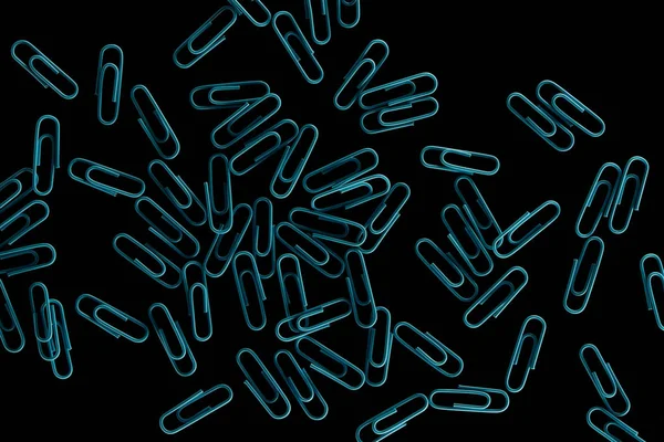Top view scattered blue paper clips isolated on black — Stock Photo