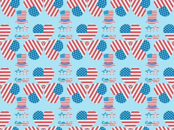 Seamless background pattern with mustache, glasses, hats and hearts made of american flags on blue — Stock Photo