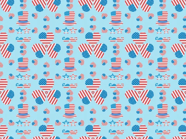 Motif de fond sans couture avec moustache, lunettes, chapeaux et coeurs faits de drapeaux américains sur bleu — Photo de stock