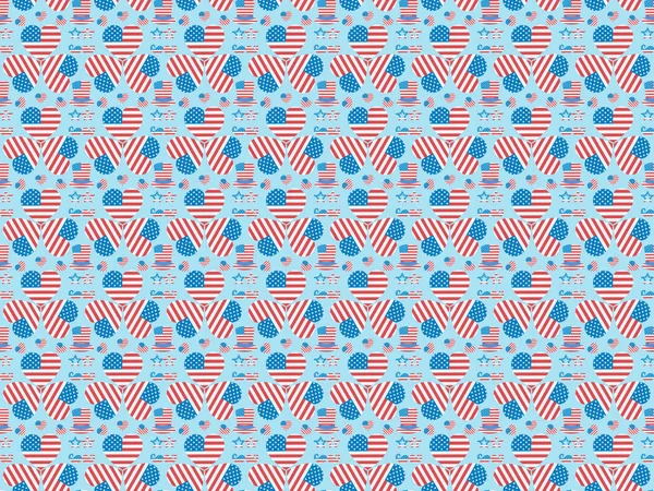 Motif de fond sans couture avec moustache, lunettes, chapeaux et coeurs faits de drapeaux américains nationaux sur bleu — Photo de stock