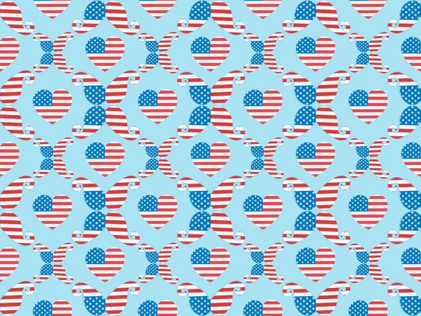 Seamless background pattern with paper cut hearts and mustache made of american flags on blue — Stock Photo