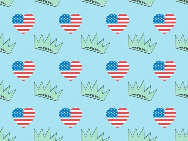 Modello di sfondo senza soluzione di continuità con cuori fatti di bandiere e corone USA sul blu, concetto di Independence Day — Foto stock