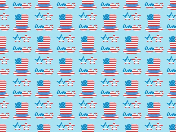 Seamless background pattern with mustache, glasses, hats made of usa flags on blue — Stock Photo