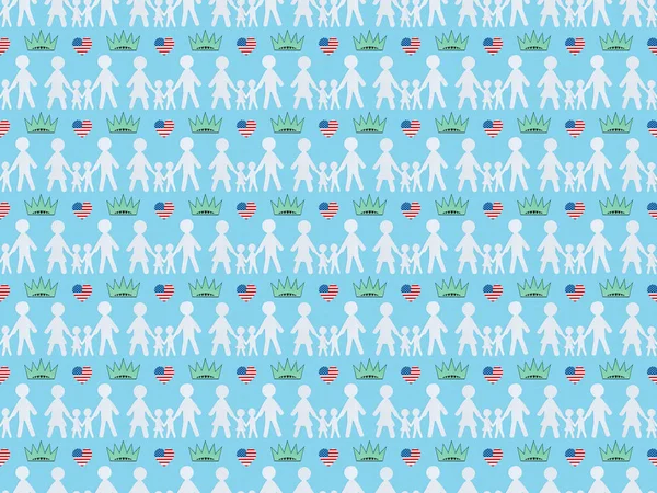 Seamless background pattern with hearts made of us national flags, white paper cut families and crowns on blue, Independence Day concept — Stock Photo