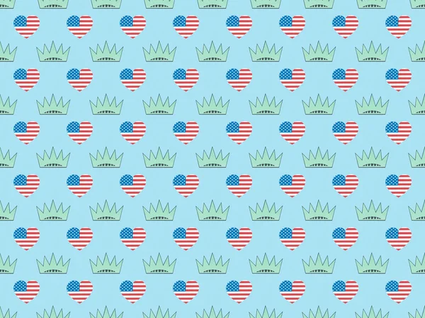 Nahtloses Hintergrundmuster mit Herzen aus Fahnen und Kronen auf blauem Grund, Konzept zum Unabhängigkeitstag — Stockfoto