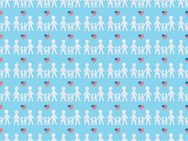 Nahtlose Hintergrundmuster mit Herzen aus uns Fahnen und weißen Papierschnitten Familien auf blau, Unabhängigkeitstag Konzept — Stockfoto