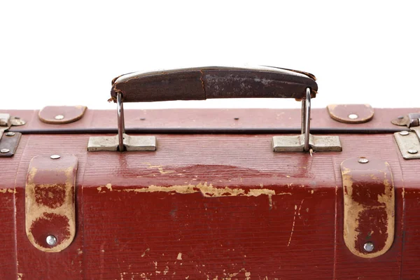 Nahaufnahme des Griffs am braunen Koffer isoliert auf weiß — Stockfoto