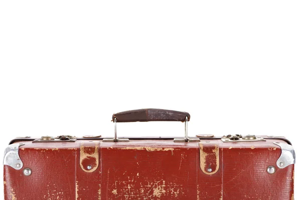 Vue rapprochée de la poignée sur valise rétro marron isolée sur blanc — Photo de stock