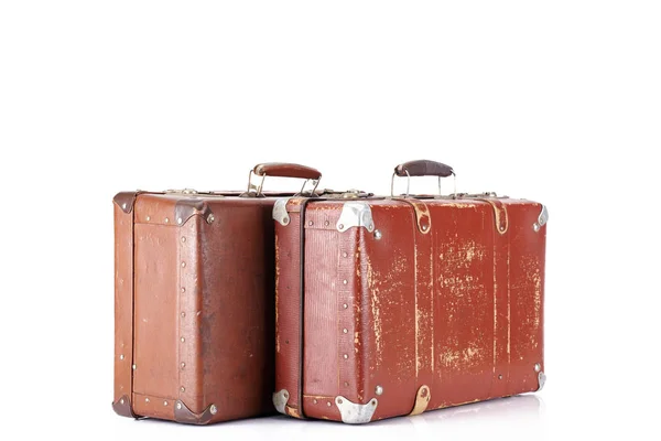 Two leather brown aged retro suitcases isolated on white — Stock Photo