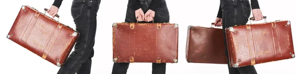 Collage of woman in jeans holding vintage weathered suitcases isolated on white — Stock Photo