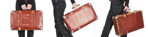 Collage of woman in jeans holding vintage weathered suitcase isolated on white — Stock Photo