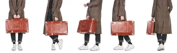 Collage of woman in plaid coat holding vintage weathered suitcase isolated on white — Stock Photo