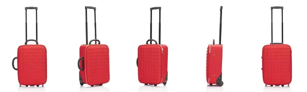 Collage of red wheeled textured colorful suitcases with handles isolated on white — Stock Photo