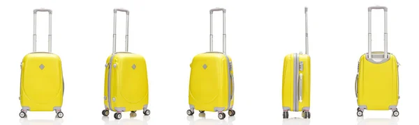 Colagem de malas coloridas de plástico amarelo com rodas com alças isoladas em branco — Fotografia de Stock