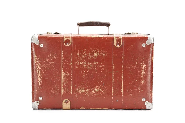 Cuir altérée valise vintage marron isolé sur blanc — Photo de stock