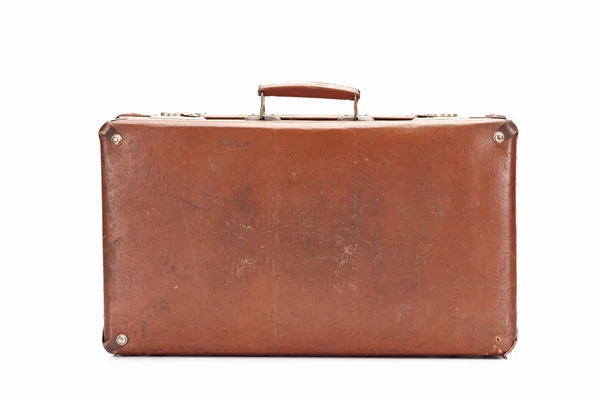 Cuir brun rétro valise isolée sur blanc — Photo de stock