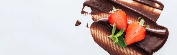 Panoramic shot of strawberries and fresh mint on liquid chocolate — Stock Photo