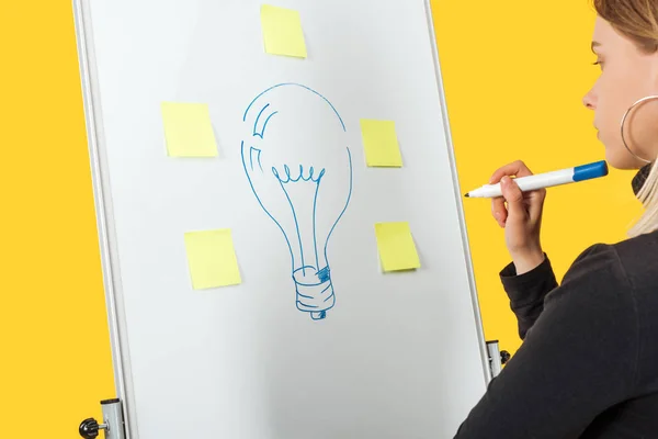 Exitosa mujer de negocios mirando idea de palabra y bombilla dibujada con pegatinas en el rotafolio blanco — Stock Photo