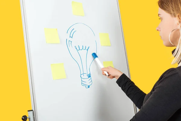 Cropped view of businesswoman standing near white flipchart, pointing at light bulb drawn — Stock Photo