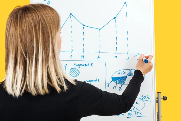 Rückansicht einer Geschäftsfrau, die neben weißem Flipchart steht und Grafiken und Diagramme zeichnet — Stockfoto