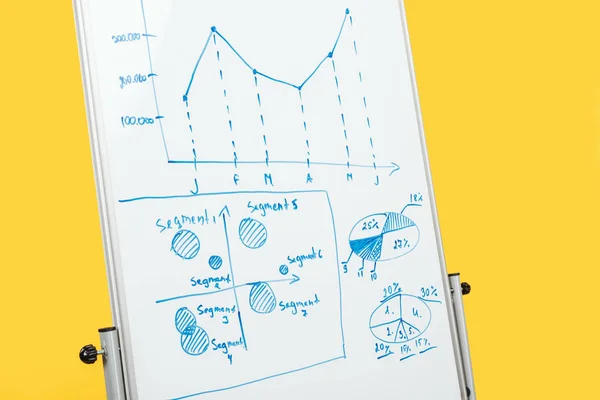 Tableau de bureau blanc avec espace de copie, graphiques et diagrammes isolés sur jaune — Photo de stock