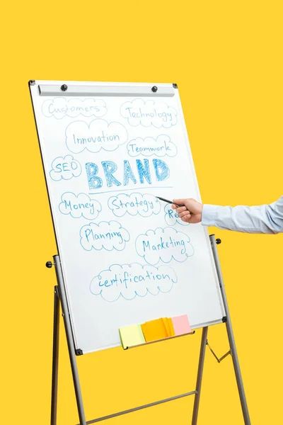 Cropped view of businessman standing near white office board, pointing at words on flipchart — Stock Photo