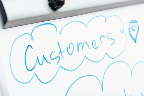 Close up view of word customers written on white flipchart — Stock Photo