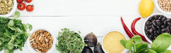 Top view of ripe vegetables on wooden white table with copy space, panoramic shot — Stock Photo