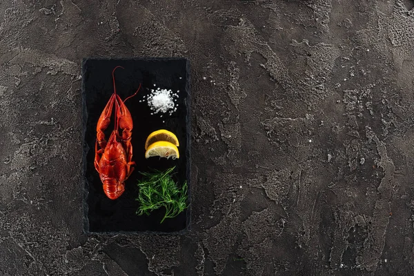 Top view of black plate with red lobsters, white salt, lemon slices and green herbs on grey textured surface — Stock Photo