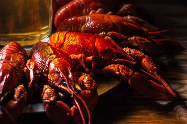 Selective focus of plate with red lobsters and glass of beer on wooden surface — Stock Photo