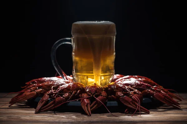 Glass of beer on plate with red lobsters at wooden surface — Stock Photo